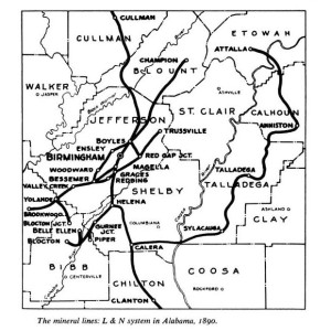 Shows the reach of the BMRR into the counties of Jefferson, Shelby, Bibb, Tuscaloosa, Blount, and Etowah. (Other railroads shown are other parts of the L&N system.) 